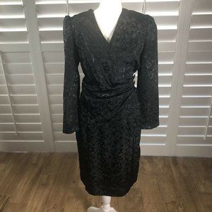 Vtg 80s Leslie Fay Petites 12 Black Embossed Satin Surplice Dress Party Cocktail